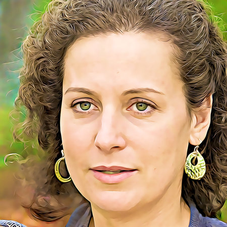 Cartoon-style portrait of person's face.