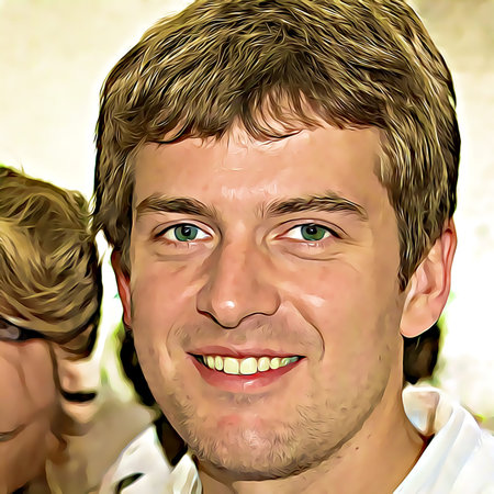 Cartoon-style portrait of person's face.