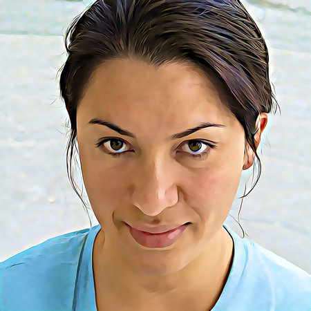 Cartoon-style portrait of person's face.