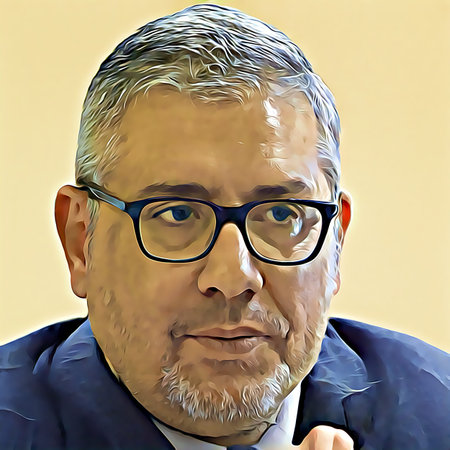 Cartoon-style portrait of person's face.
