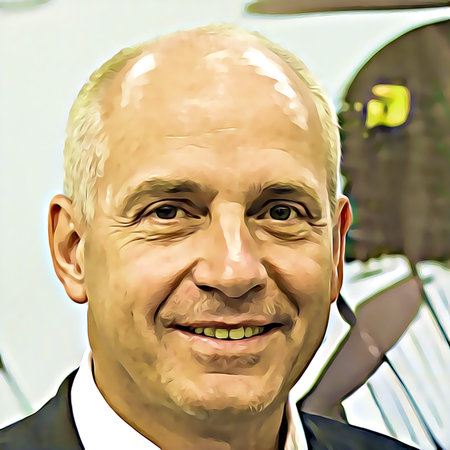 Cartoon-style portrait of person's face.