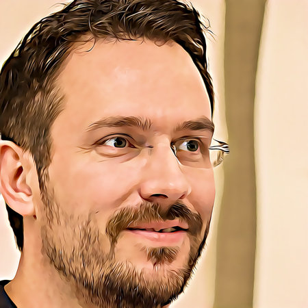 Cartoon-style portrait of person's face.