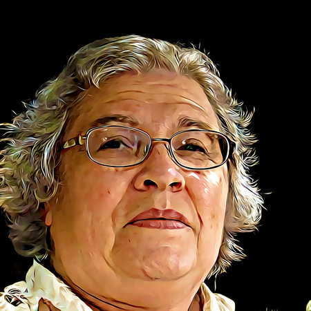 Cartoon-style portrait of person's face.
