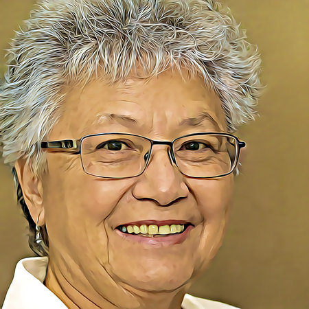 Cartoon-style portrait of person's face.