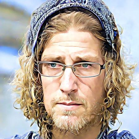 Cartoon-style portrait of person's face.