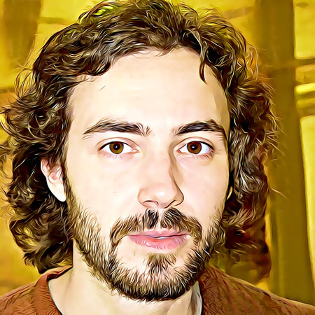 Cartoon-style portrait of person's face.