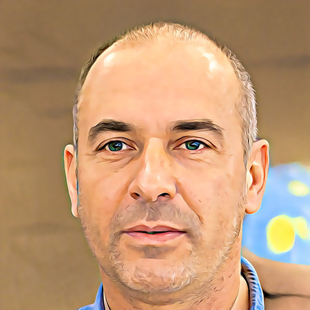 Cartoon-style portrait of person's face.