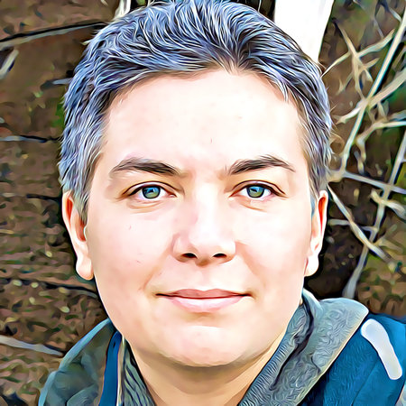 Cartoon-style portrait of person's face.