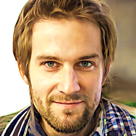 Cartoon-style portrait of person's face.