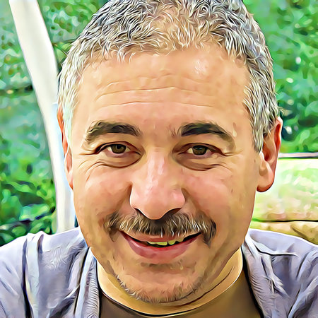 Cartoon-style portrait of person's face.