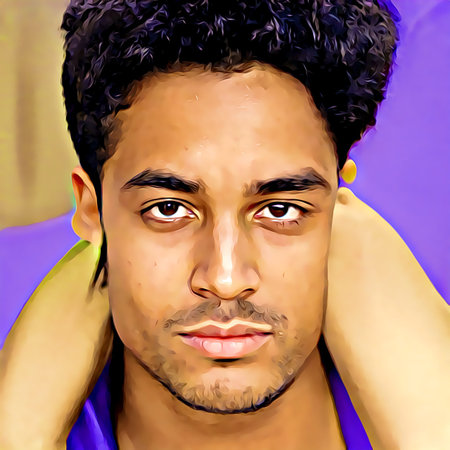 Cartoon-style portrait of person's face.