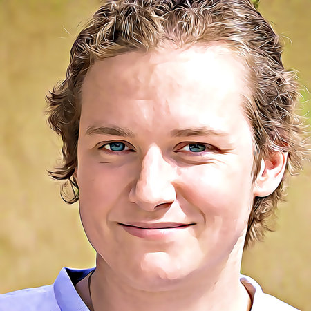 Cartoon-style portrait of person's face.