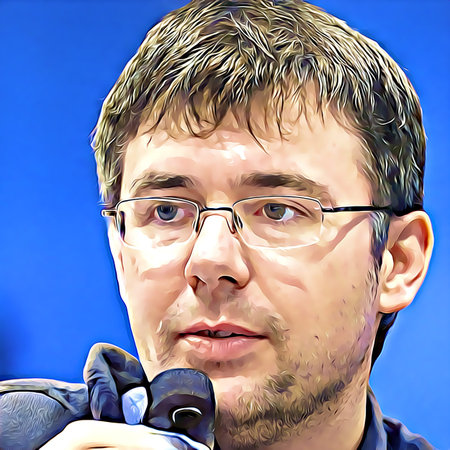 Cartoon-style portrait of person's face.