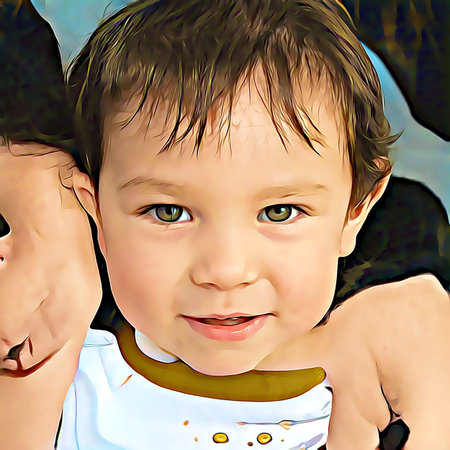 Cartoon-style portrait of person's face.