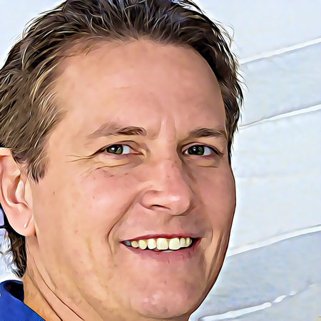 Cartoon-style portrait of person's face.