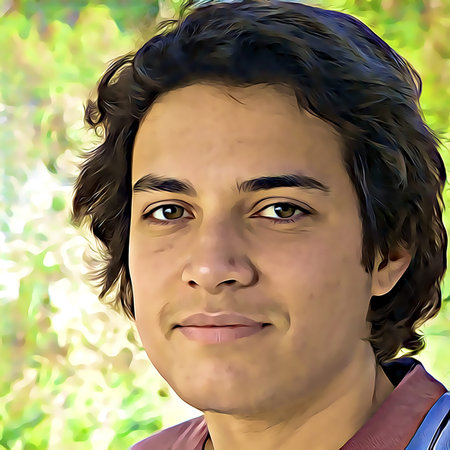 Cartoon-style portrait of person's face.