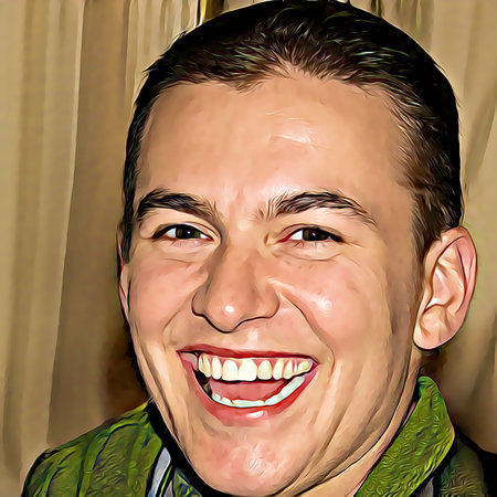 Cartoon-style portrait of person's face.