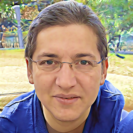 Cartoon-style portrait of person's face.