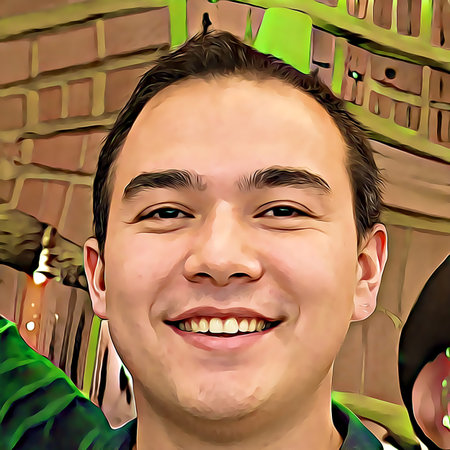 Cartoon-style portrait of person's face.