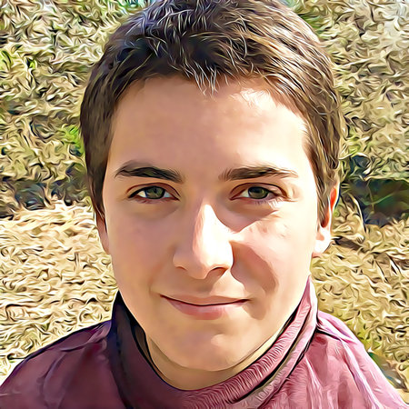 Cartoon-style portrait of person's face.