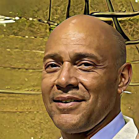 Cartoon-style portrait of person's face.