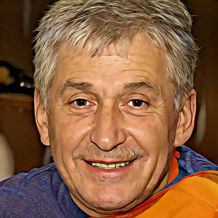 Cartoon-style portrait of person's face.