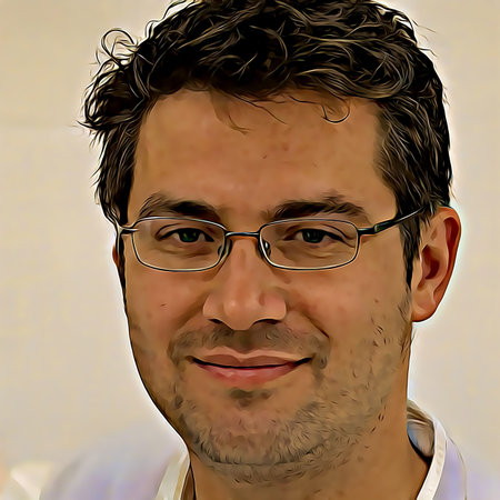 Cartoon-style portrait of person's face.
