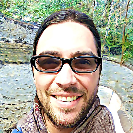 Cartoon-style portrait of person's face.