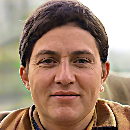 Cartoon-style portrait of person's face.