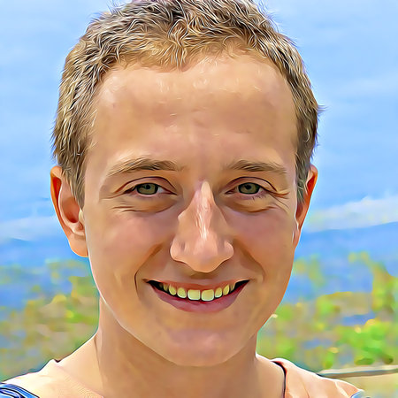 Cartoon-style portrait of person's face.