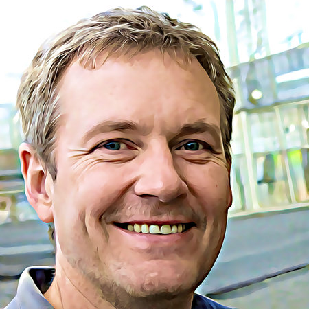 Cartoon-style portrait of person's face.