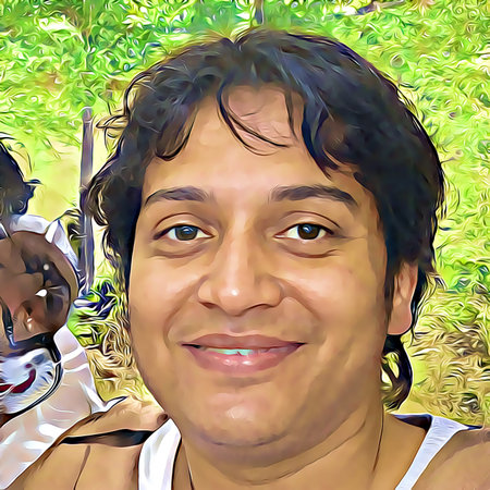 Cartoon-style portrait of person's face.