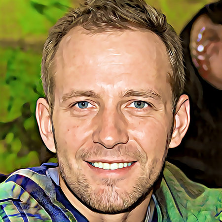 Cartoon-style portrait of person's face.