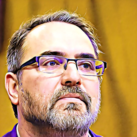 Cartoon-style portrait of person's face.