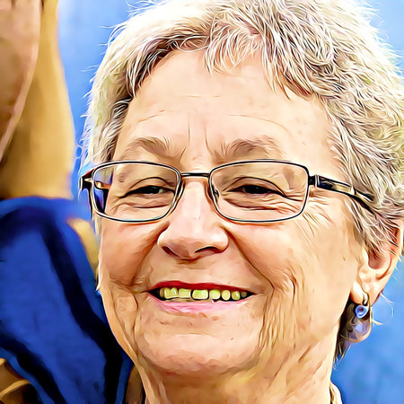 Cartoon-style portrait of person's face.