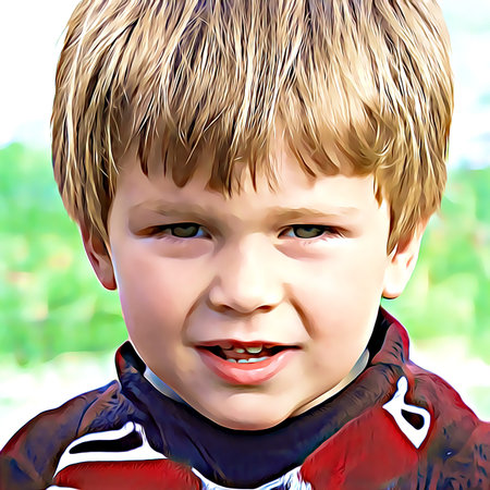 Cartoon-style portrait of person's face.