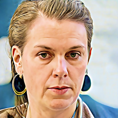 Cartoon-style portrait of person's face.