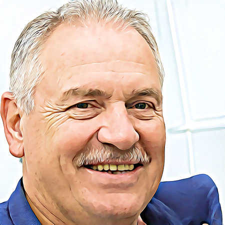 Cartoon-style portrait of person's face.