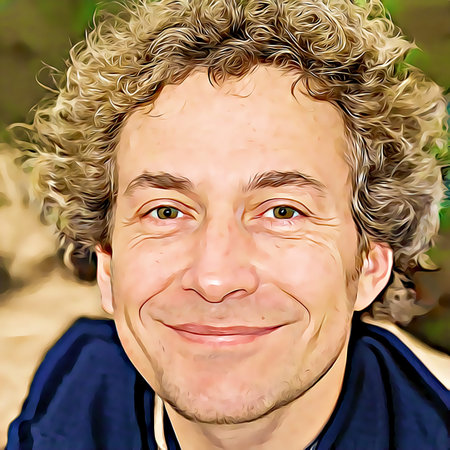 Cartoon-style portrait of person's face.