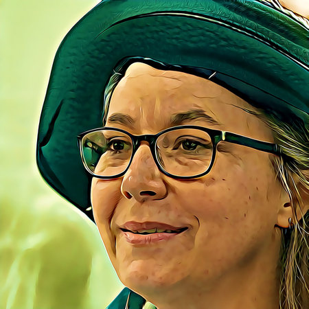 Cartoon-style portrait of person's face.