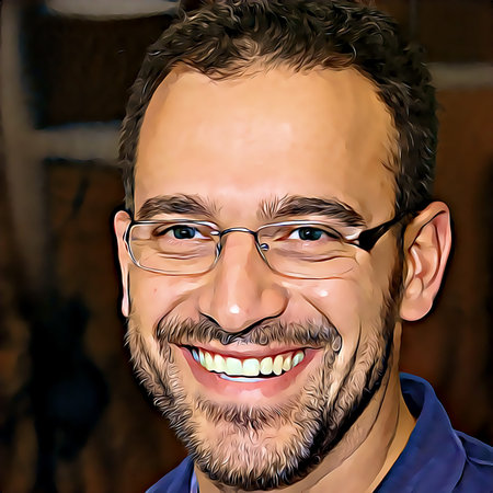 Cartoon-style portrait of person's face.