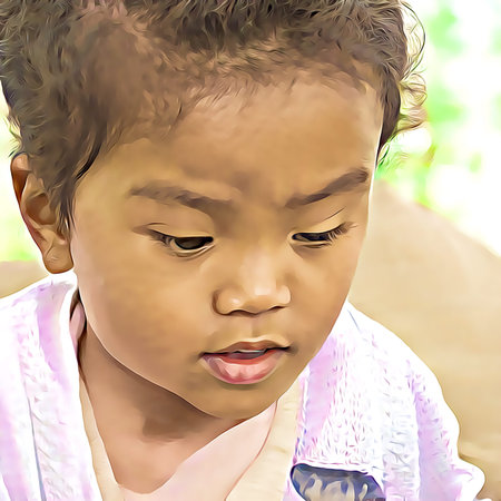 Cartoon-style portrait of person's face.