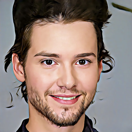 Cartoon-style portrait of person's face.