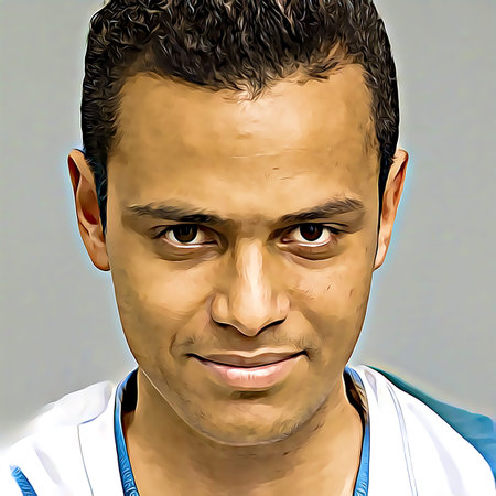 Cartoon-style portrait of person's face.