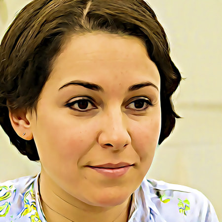 Cartoon-style portrait of person's face.
