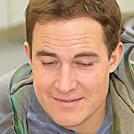 Cartoon-style portrait of person's face.