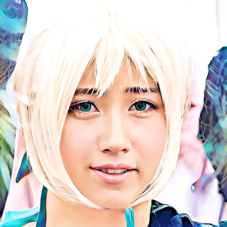 Cartoon-style portrait of person's face.