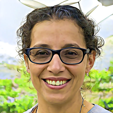 Cartoon-style portrait of person's face.