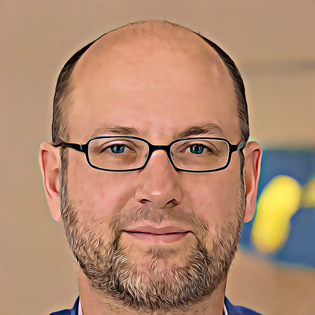 Cartoon-style portrait of person's face.