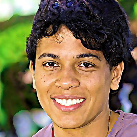 Cartoon-style portrait of person's face.